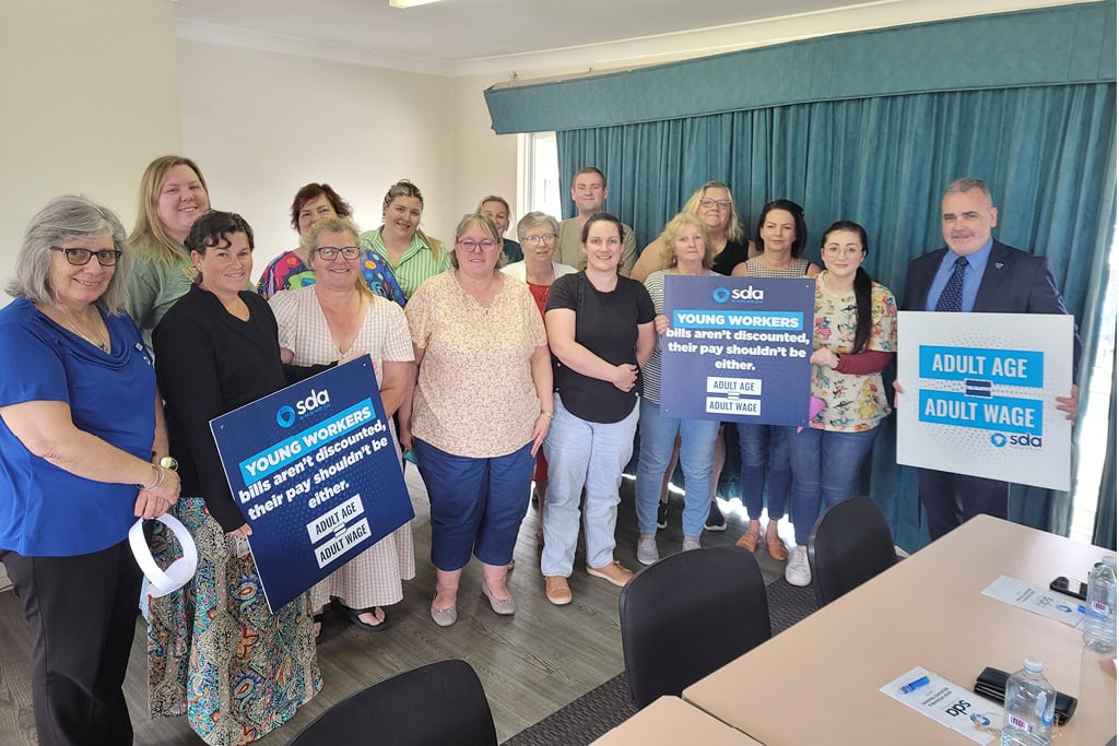 A picture of a group of SDA Shop Stewards promoting the Adult Age = Adult Wage campaign